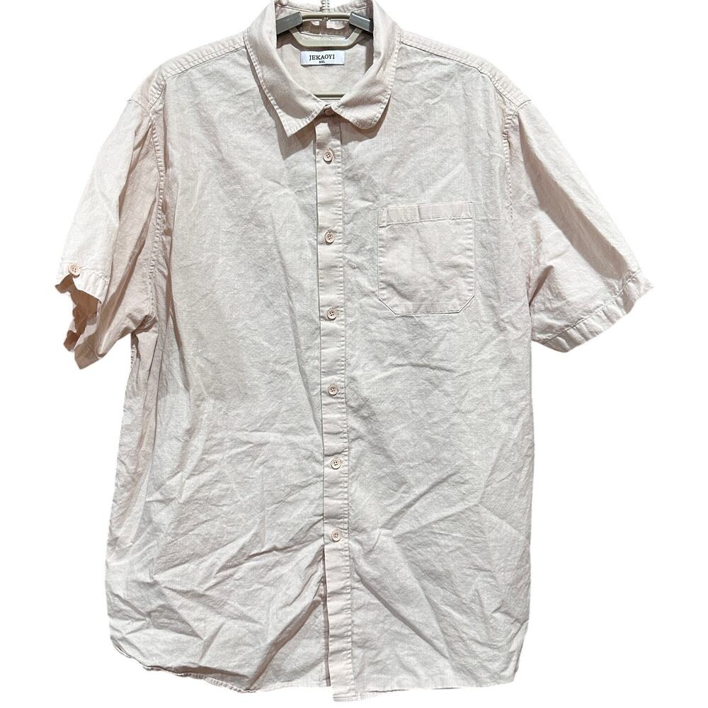 Jekaoyi Men Shirt XXL Beige Button Up Short Sleeve Linen Cotton Minimalist